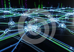 A digital network visualization features interconnected