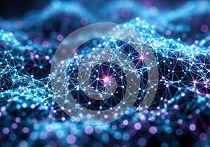 A digital network visualization features interconnected