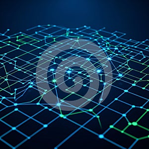 A digital network visualization featuring interconnected lines and nodes, creating a