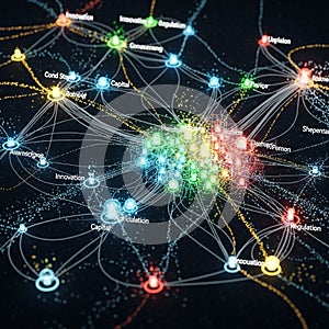 Digital network visualization featuring interconnected nodes
