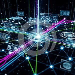 Digital network visualization featuring interconnected nodes