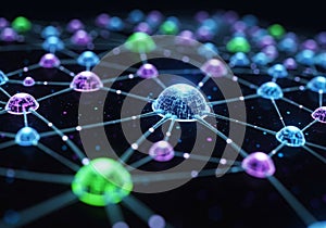 A digital network visualization featuring interconnected nodes with a futuristic style. The nodes,