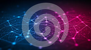 A digital network visualization featuring interconnected nodes and lines on a dark