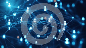 Digital network visualization featuring interconnected user icons and data
