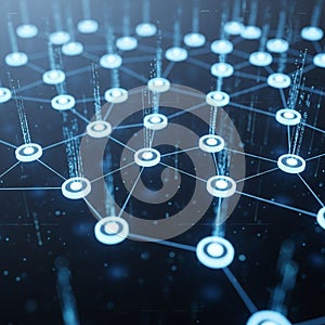 Digital network visualization featuring a series of interconnected nodes