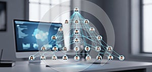 Digital network visualization of global connections and team collaboration on a desktop computer