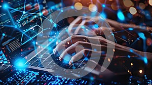 Digital Network Visualization With Glowing Blue Holographic Interface