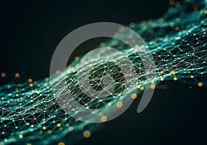 A digital network visualization with interconnected nodes and lines. Green lines form a