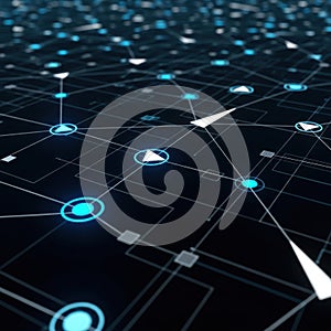 Digital network visualization with interconnected nodes and pathways