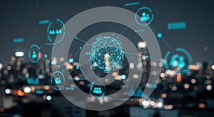 A digital network visualization overlays a cityscape at night. The network features