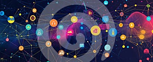 Digital networking icons on a colorful abstract background with connected nodes