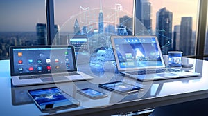 Digital Networking: Interconnected Devices in Modern Office Space photo