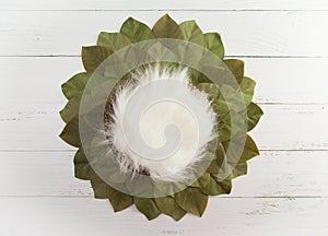 Digital Newborn Backdrop with Leaves on a Wooden Table