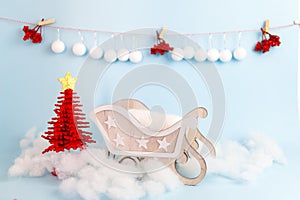 Digital newborn christmas background with wooden sleigh