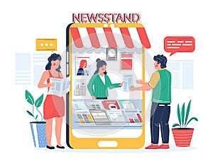 Digital newsstand. People buying and reading newspaper magazine online, vector flat illustration photo