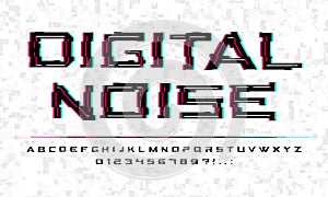 Digital noise glitch font. Tv technology, video distortion, broken old television display, abstract techno alphabet. Bug
