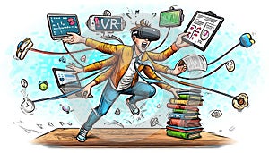A digital nomad juggles VR work and life tasks, doodle style, visibly stressed photo