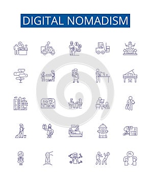 Digital nomadism line icons signs set. Design collection of Voyaging, Globetrotting, Remote Working, Freelancing