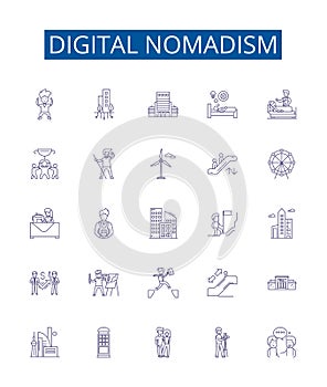 Digital nomadism line icons signs set. Design collection of Voyaging, Globetrotting, Remote Working, Freelancing