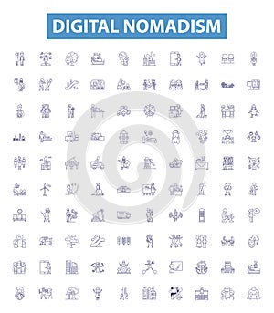 Digital nomadism line icons, signs set. Voyaging, Globetrotting, Remote Working, Freelancing, Telecommuting, Location
