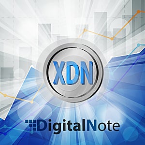 digital note xdn coin cryptocurrency in bright rays with statistics chart