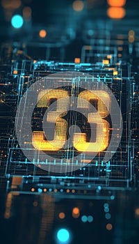 Digital Number 33 on a Futuristic Abstract Technology Background, Glowing Binary Code and Circuitry