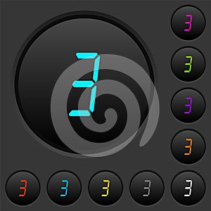 Digital number three of seven segment type dark push buttons with color icons