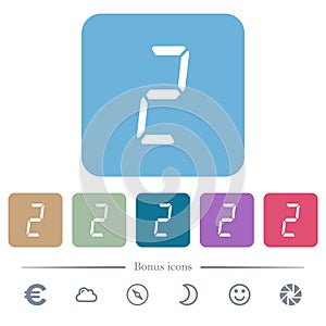 Digital number two of seven segment type flat icons on color rounded square backgrounds