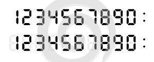 Digital numbers font for electronic clock display, calculator, counter. Black on white background