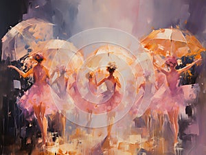 Digital oil painting of ballerinas with umbrellas performing on stage. Printable artwork in warm colors, modern impressionism.