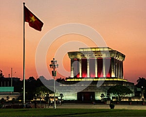 Digital Oil Painting, Beautiful Sunset view of Ho Chi Minh mausoleum with white uniform soldiers guarding in front