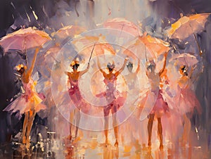 Digital oil painting of dancers with umbrellas. Printable wall art in warm colors, modern impressionism. Generative AI