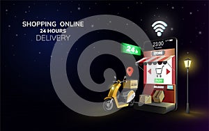 Digital Online Free Global Delivery on Scooter with phone, mobile at night background