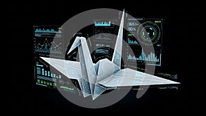 Digital origami crane surrounded by futuristic data visualization interfaces
