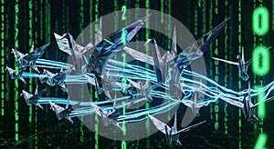 Digital Origami Cranes Flying Through Binary Code Matrix with Neon Blue Trails