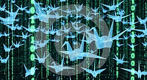 Digital Origami Cranes Flying Through Matrix Binary Code Background, Technology Concept
