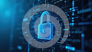 Digital padlock on abstract cyber security blue background with binary code. Image digital protection, secure online data privacy