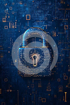 Digital padlock with binary code on blue background symbolizing online protection.