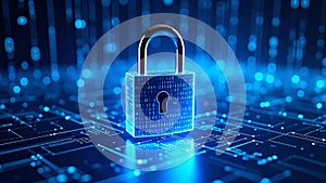 Digital padlock with binary code on a circuit board, security concept.