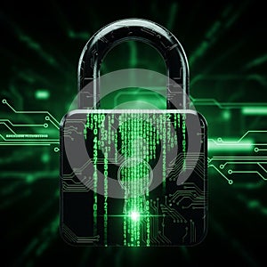 Digital Padlock with Binary Code on Futuristic Green Circuit Background