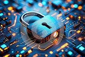 A digital padlock with binary code glows on a circuit board