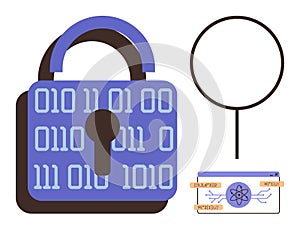 Digital Padlock with Binary Code, Magnifying Glass, and Cybersecurity Elements