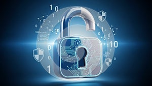 Digital padlock with binary code and network connections symbolizing cybersecurity digital lock