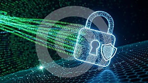 Digital padlock with binary code stream and network connections symbolizing cybersecurity