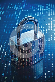 Digital padlock on blue background with binary code for cyber security.