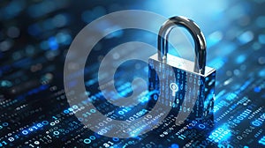 Digital padlock on blue background with binary code symbolizing online protection.