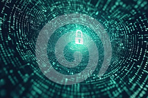 A digital padlock surrounded by flowing binary code representing data protection and encryption in a virtual environment