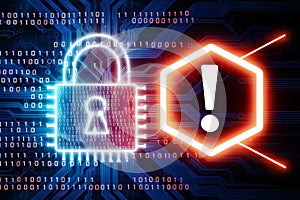 Digital padlock on circuit board with binary code and alert hexagon element