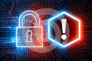 Digital padlock on circuit board with binary code and alert hexagon element