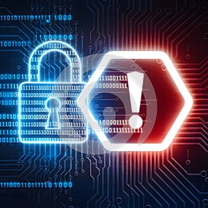 Digital padlock on circuit board with binary code and alert hexagon element